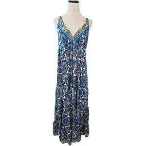 White Waves Blue Paisley Floral Boho Maxi Dress Lace Up Back Pockets S/M NEW